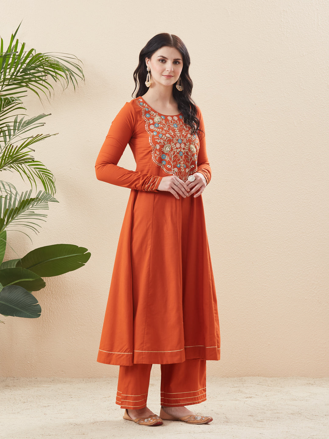 Orange Cotton Embroidered Anarkali Suit Set with Dupatta for Women