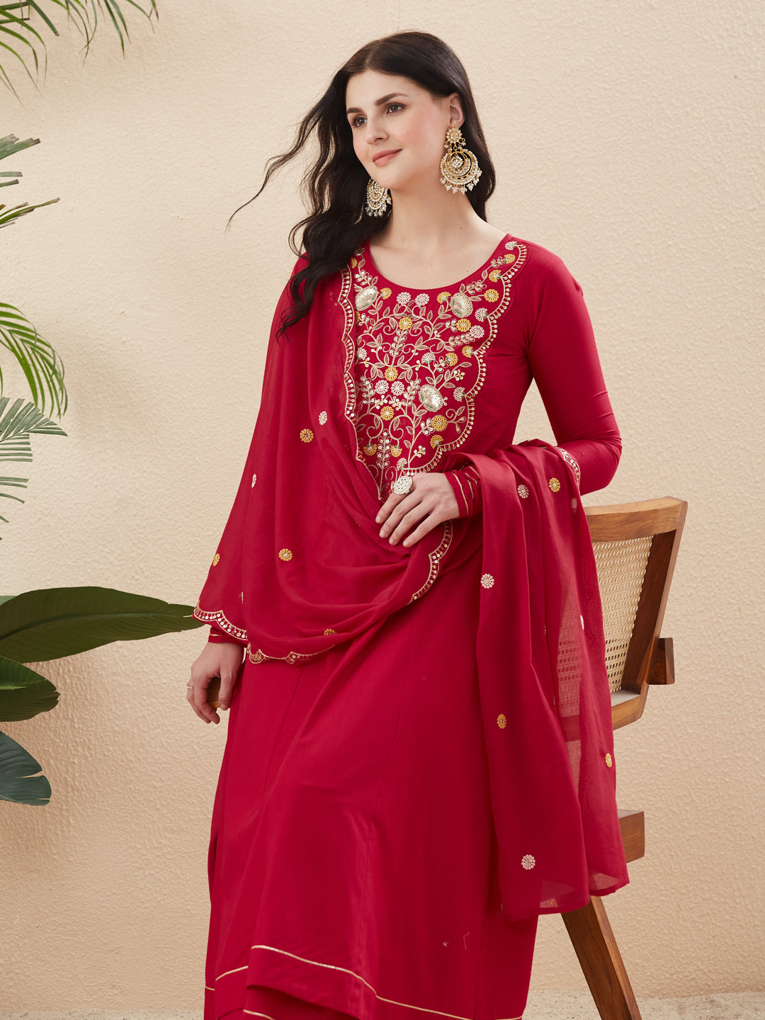 Rani Cotton Embroidered Anarkali Suit Set with Dupatta for Women