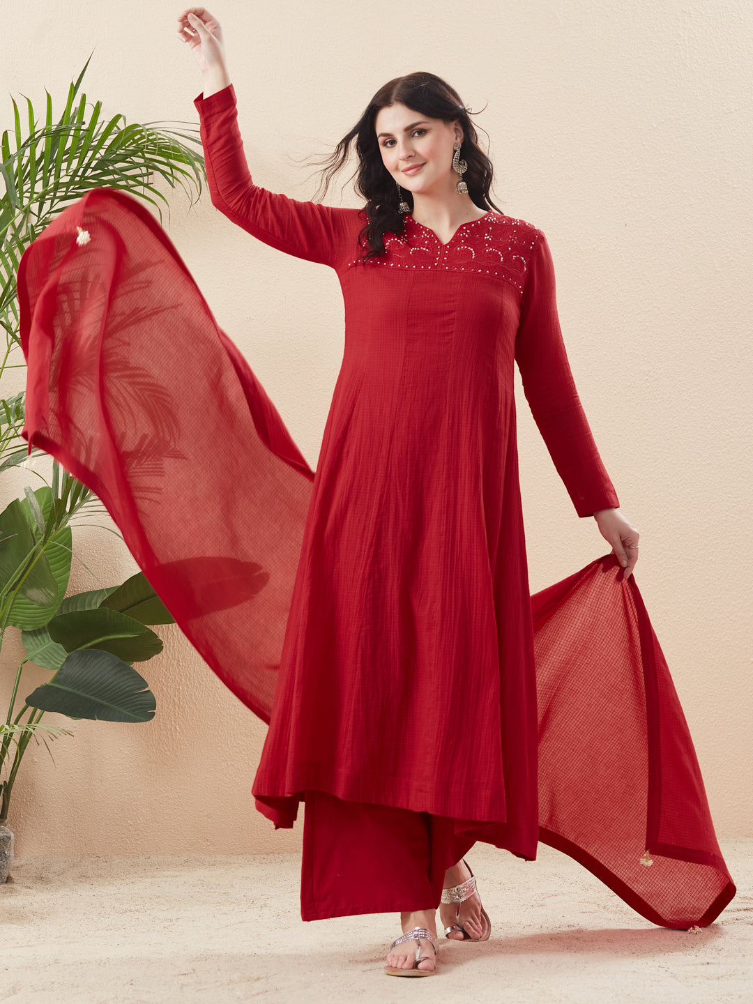 Red Cotton Anarkali Set for Women with Dupatta