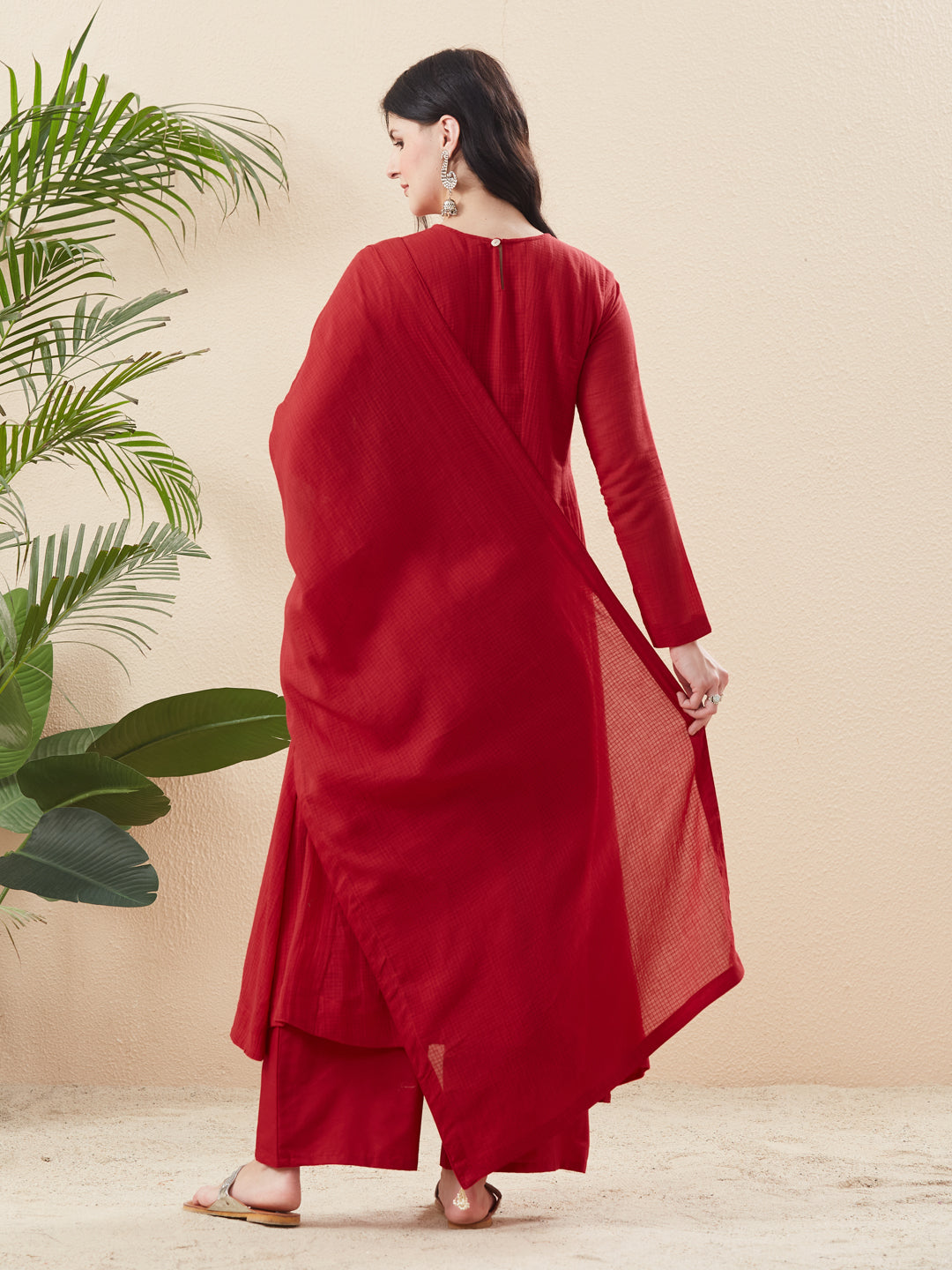 Red Cotton Anarkali Set for Women with Dupatta