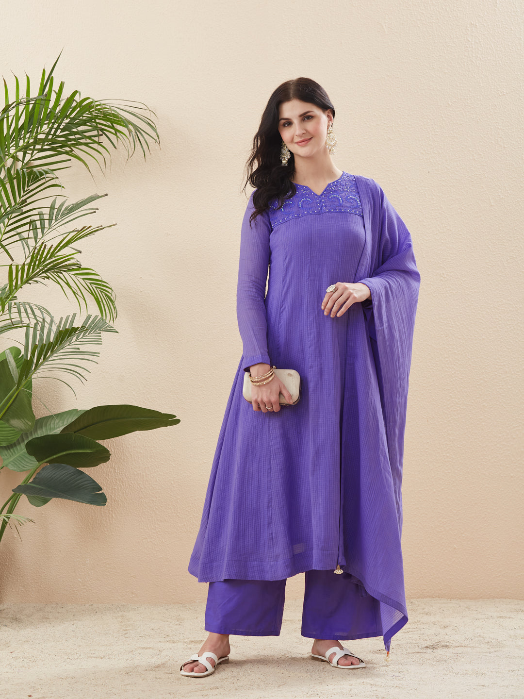 Women’s Ethnic Purple Cotton Anarkali Kurta Palazzo Set with Dupatta