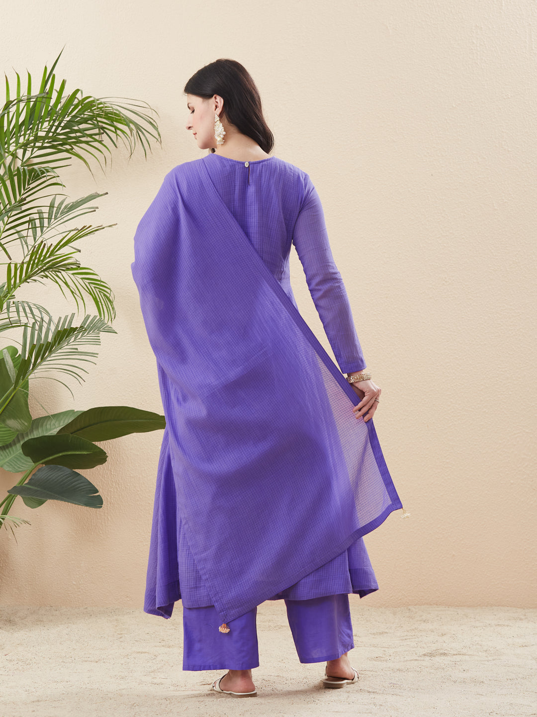 Women’s Ethnic Purple Cotton Anarkali Kurta Palazzo Set with Dupatta