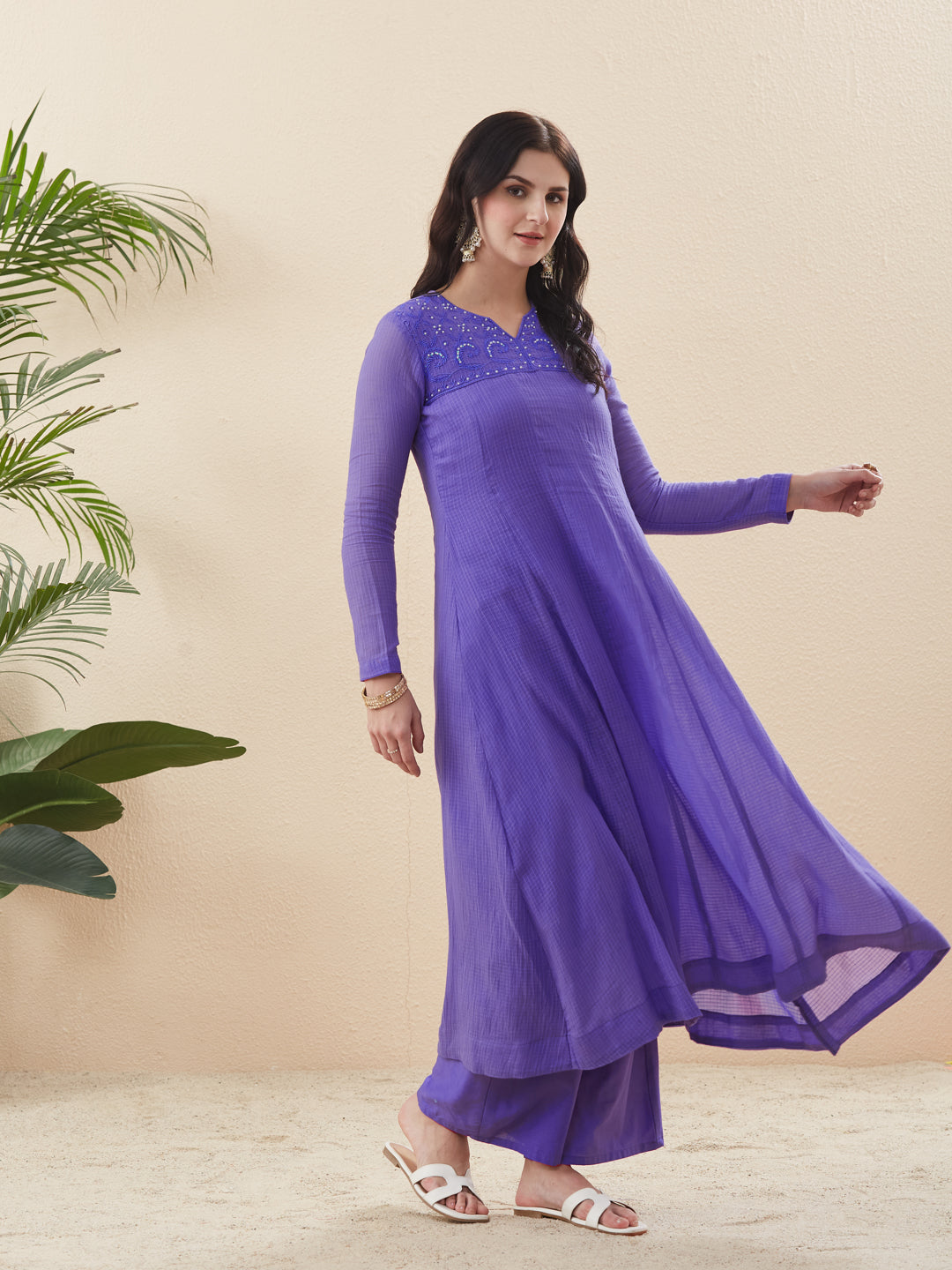 Women’s Ethnic Purple Cotton Anarkali Kurta Palazzo Set with Dupatta