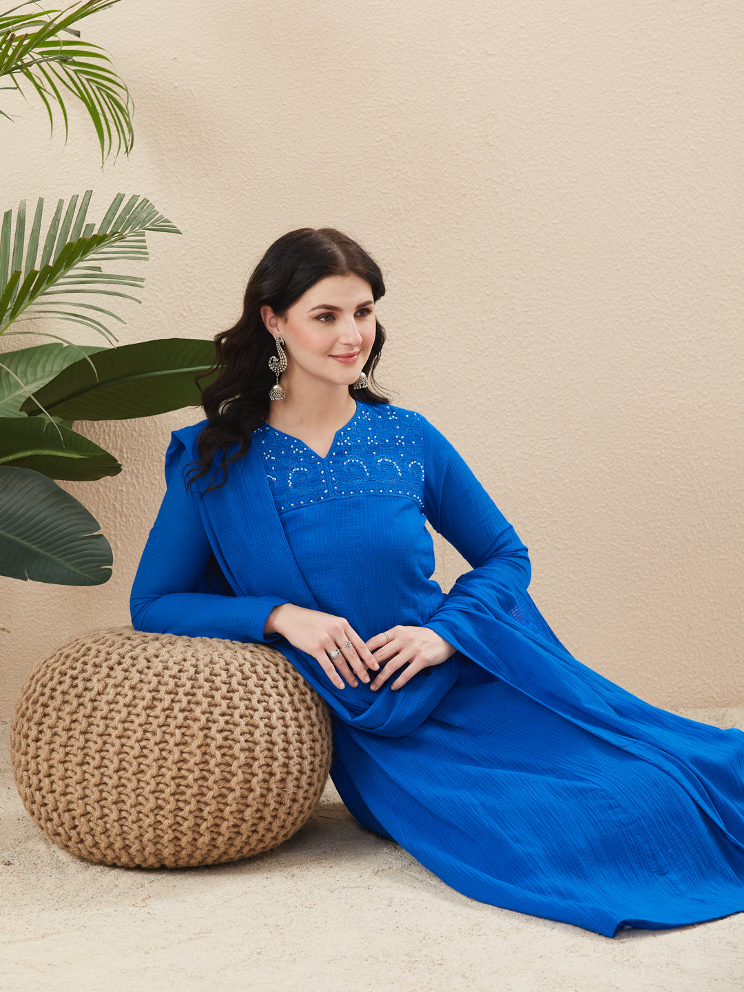 Women’s Royal Blue Cotton Flared Anarkali Kurta Palazzo Set with Dupatta