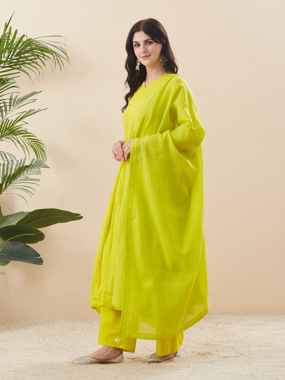 Trendy Neon Cotton Anarkali Suit Set With Dupatta for Women