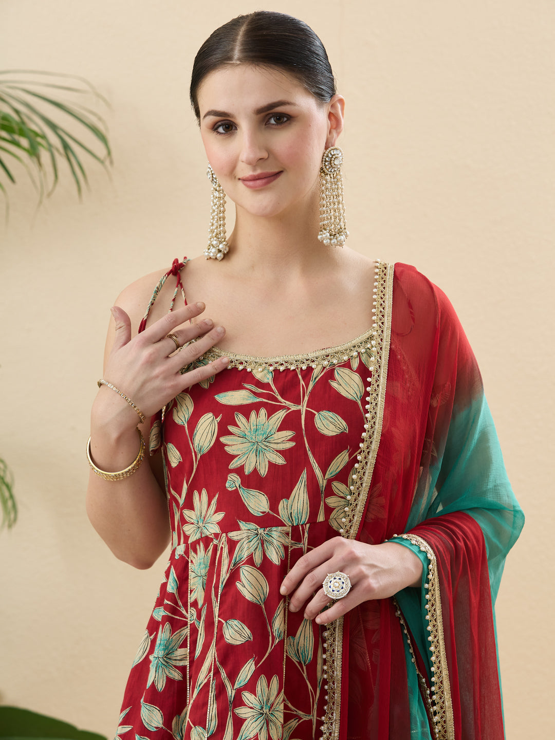Red Cotton Printed Floral Ethnic Palazzo Set With Dupatta For Women