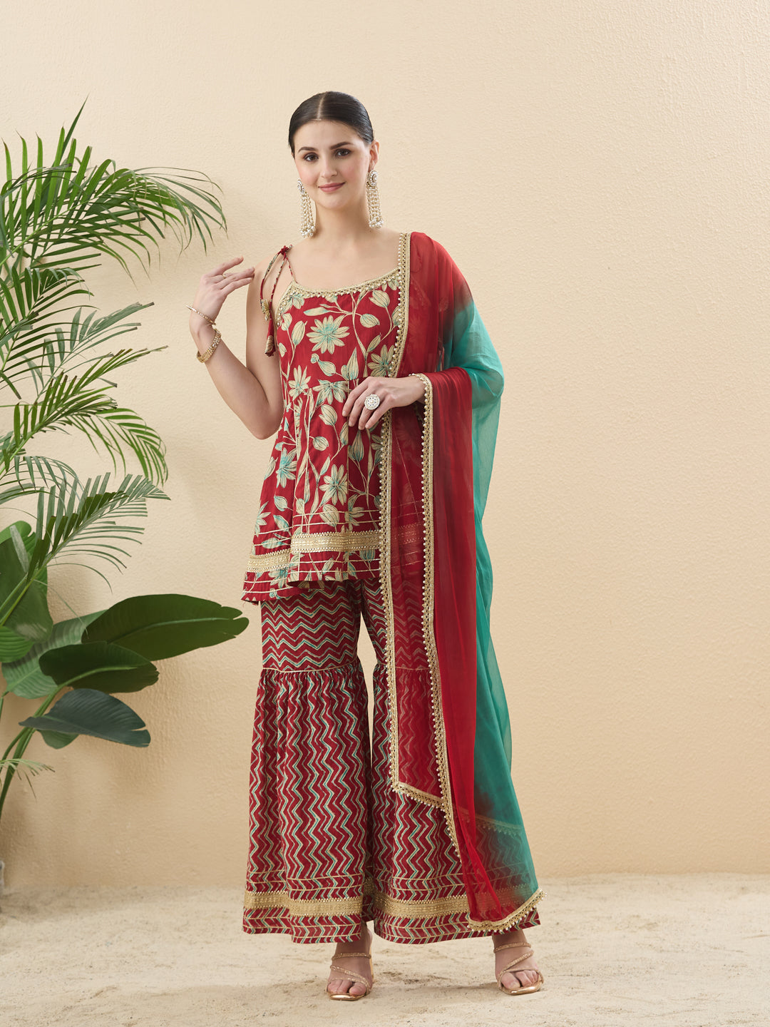 Red Cotton Printed Floral Ethnic Palazzo Set With Dupatta For Women