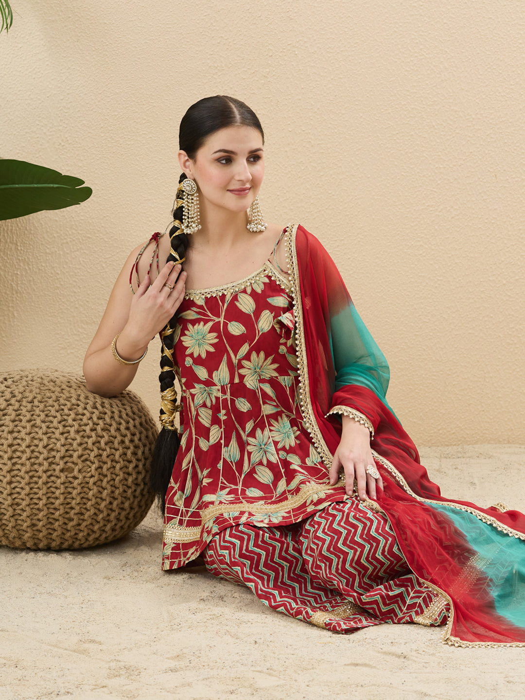 Red Cotton Printed Floral Ethnic Palazzo Set With Dupatta For Women