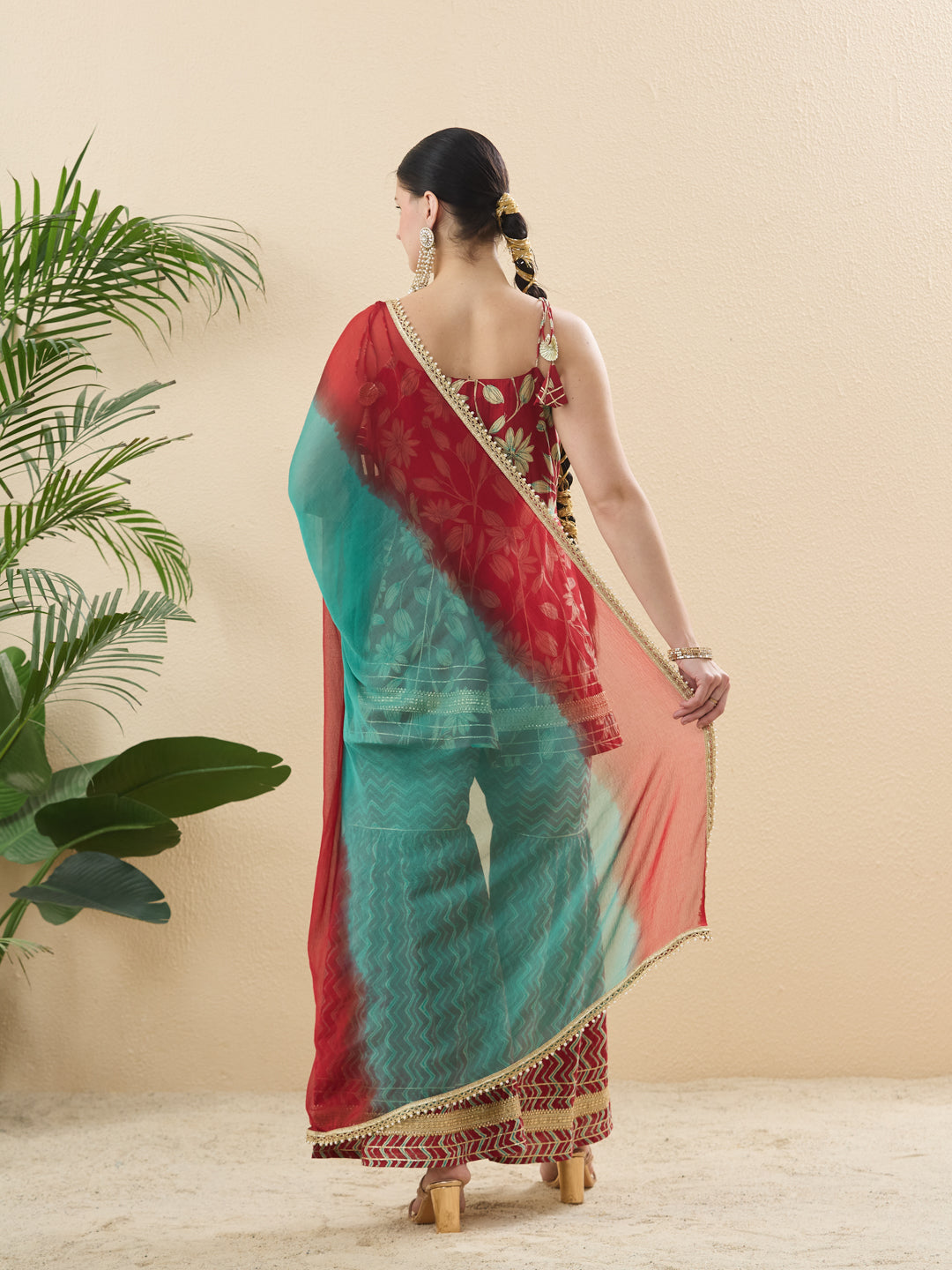 Red Cotton Printed Floral Ethnic Palazzo Set With Dupatta For Women