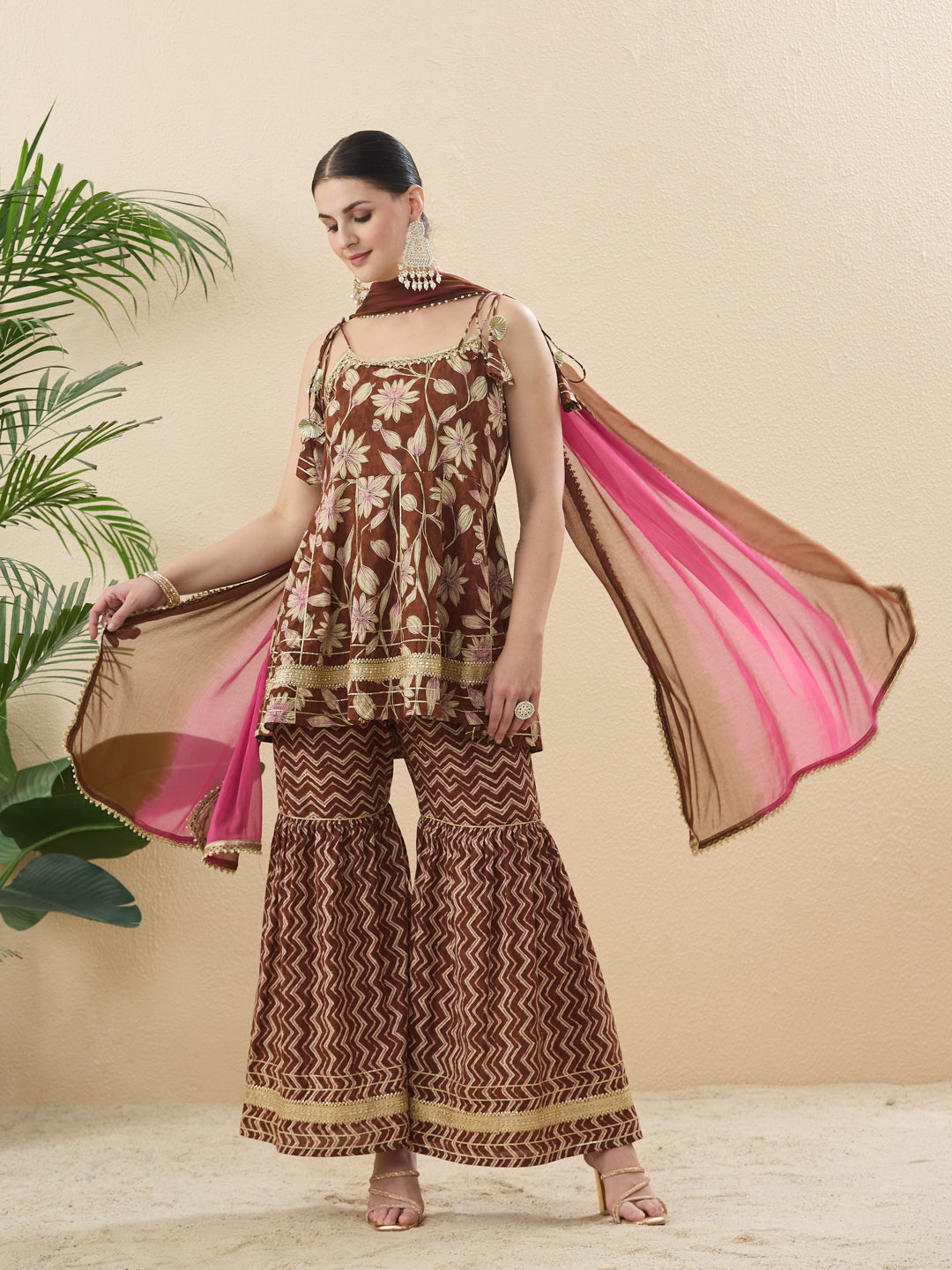 Trendy Coffee Cotton Printed Kurta Palazzo Set With Contrast Dupatta For Women