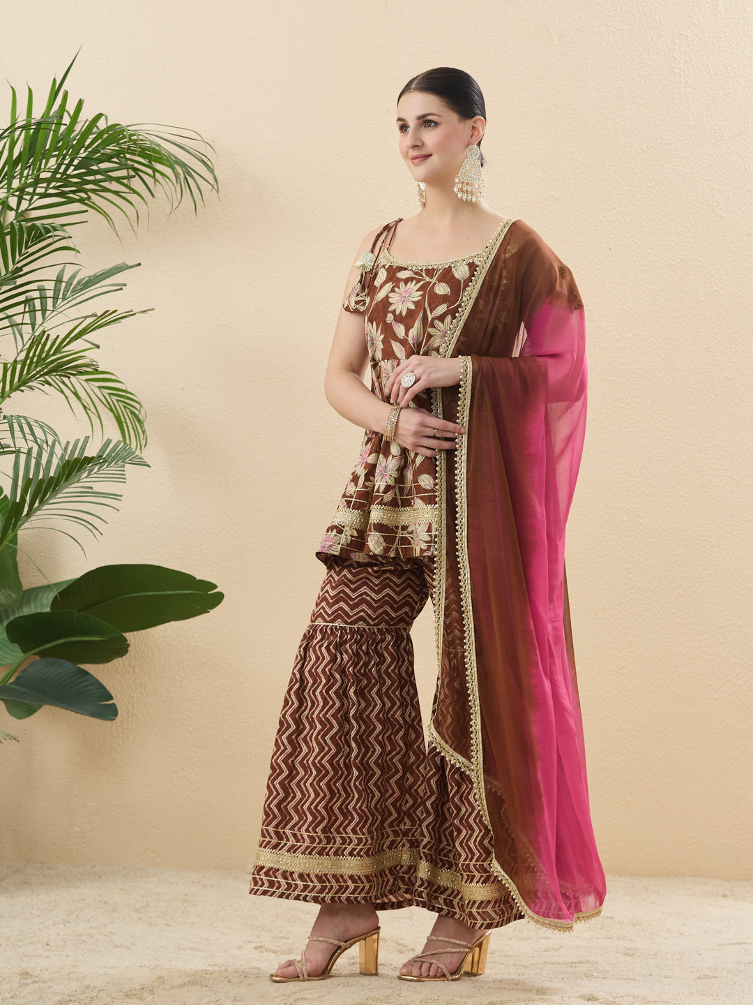 Trendy Coffee Cotton Printed Kurta Palazzo Set With Contrast Dupatta For Women