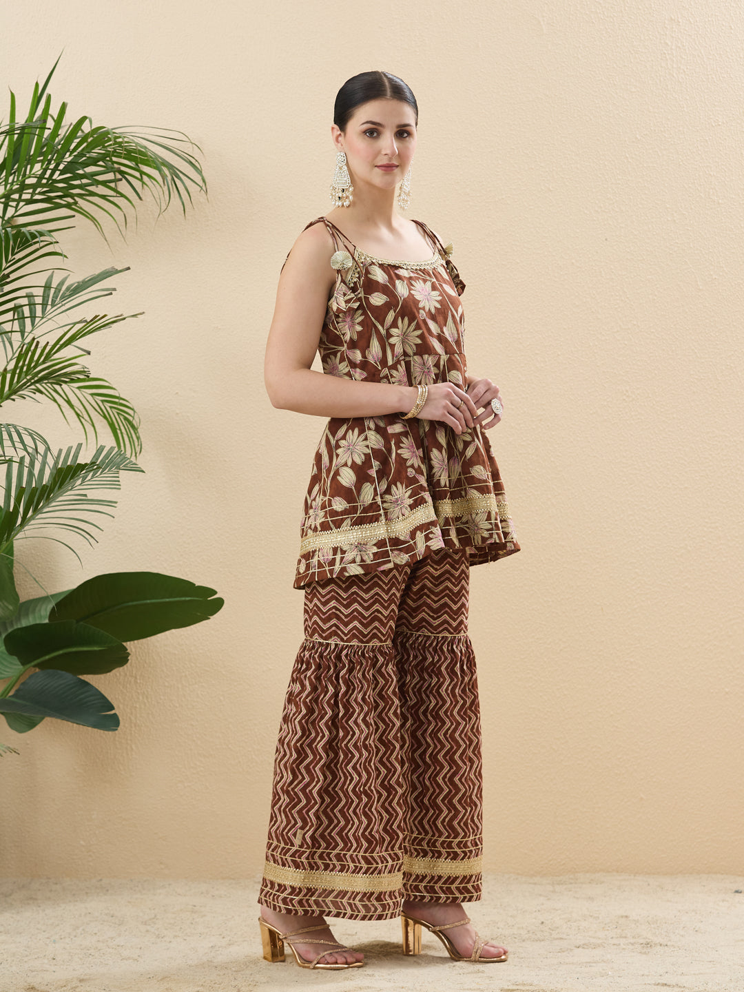 Trendy Coffee Cotton Printed Kurta Palazzo Set With Contrast Dupatta For Women