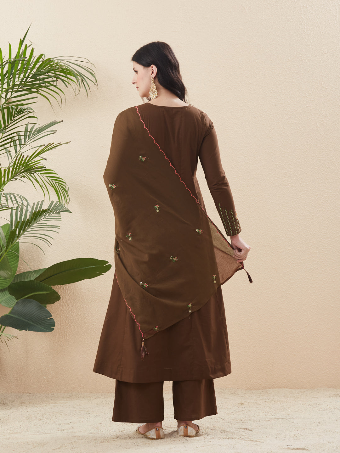 Coffee Cotton Anarkali Kurta with Dupatta & Pants For Women
