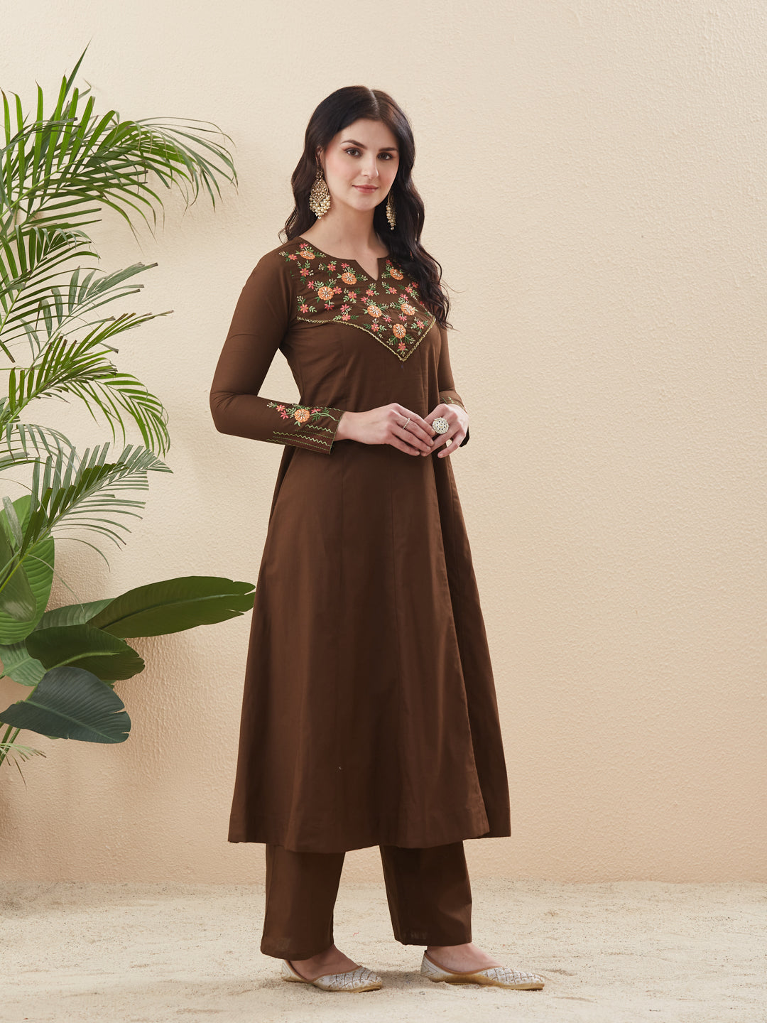 Coffee Cotton Anarkali Kurta with Dupatta & Pants For Women