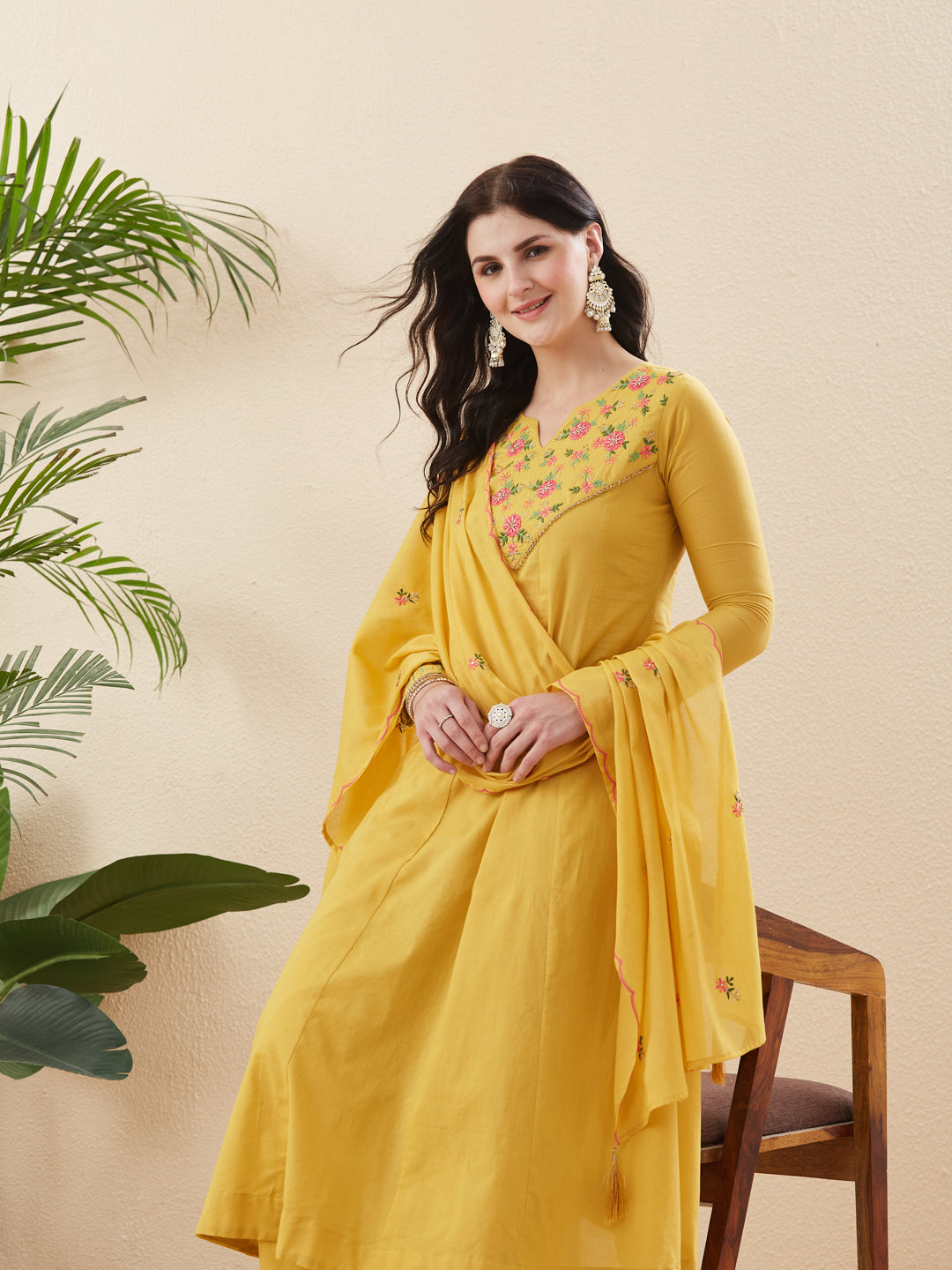 Women’s Yellow Embroidered Cotton Anarkali Kurta set With Dupatta