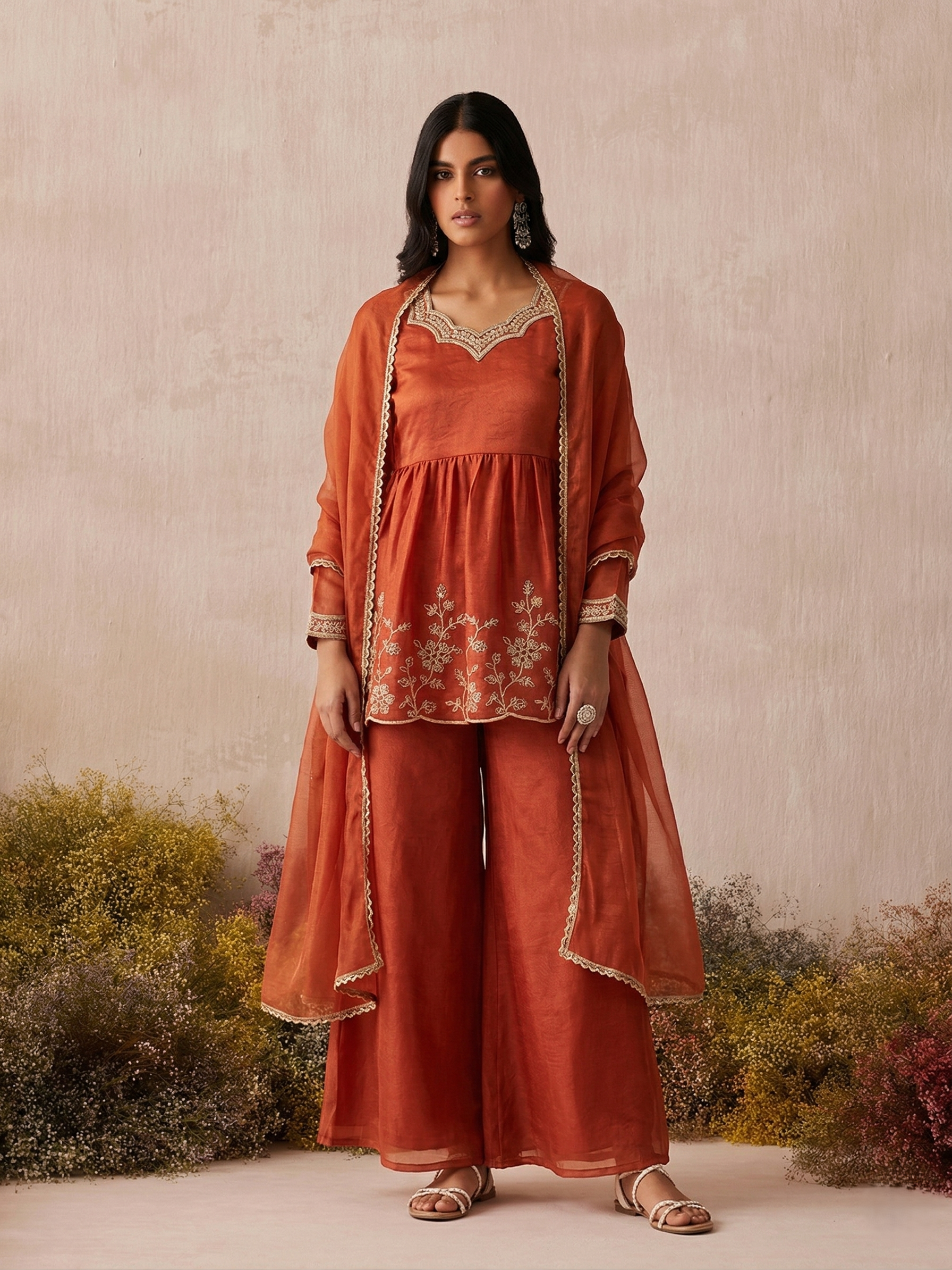 Rust Silk Peplum Sharara Set with Embroidery & Dupatta