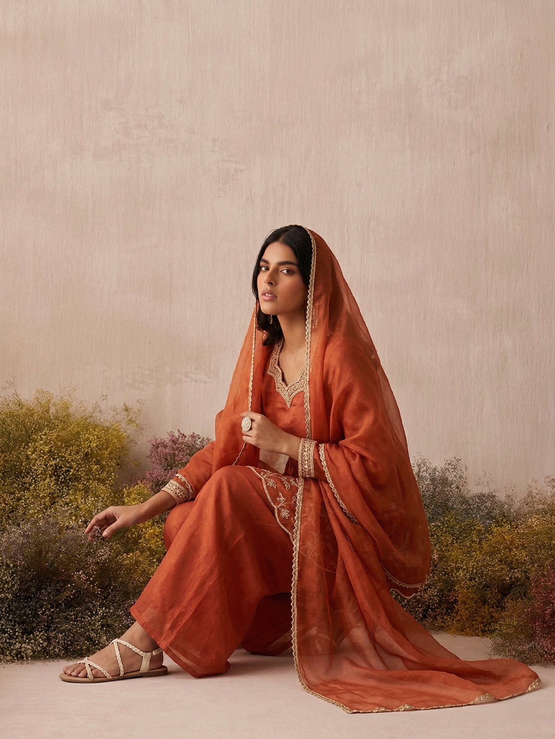 Rust Silk Peplum Sharara Set with Embroidery & Dupatta