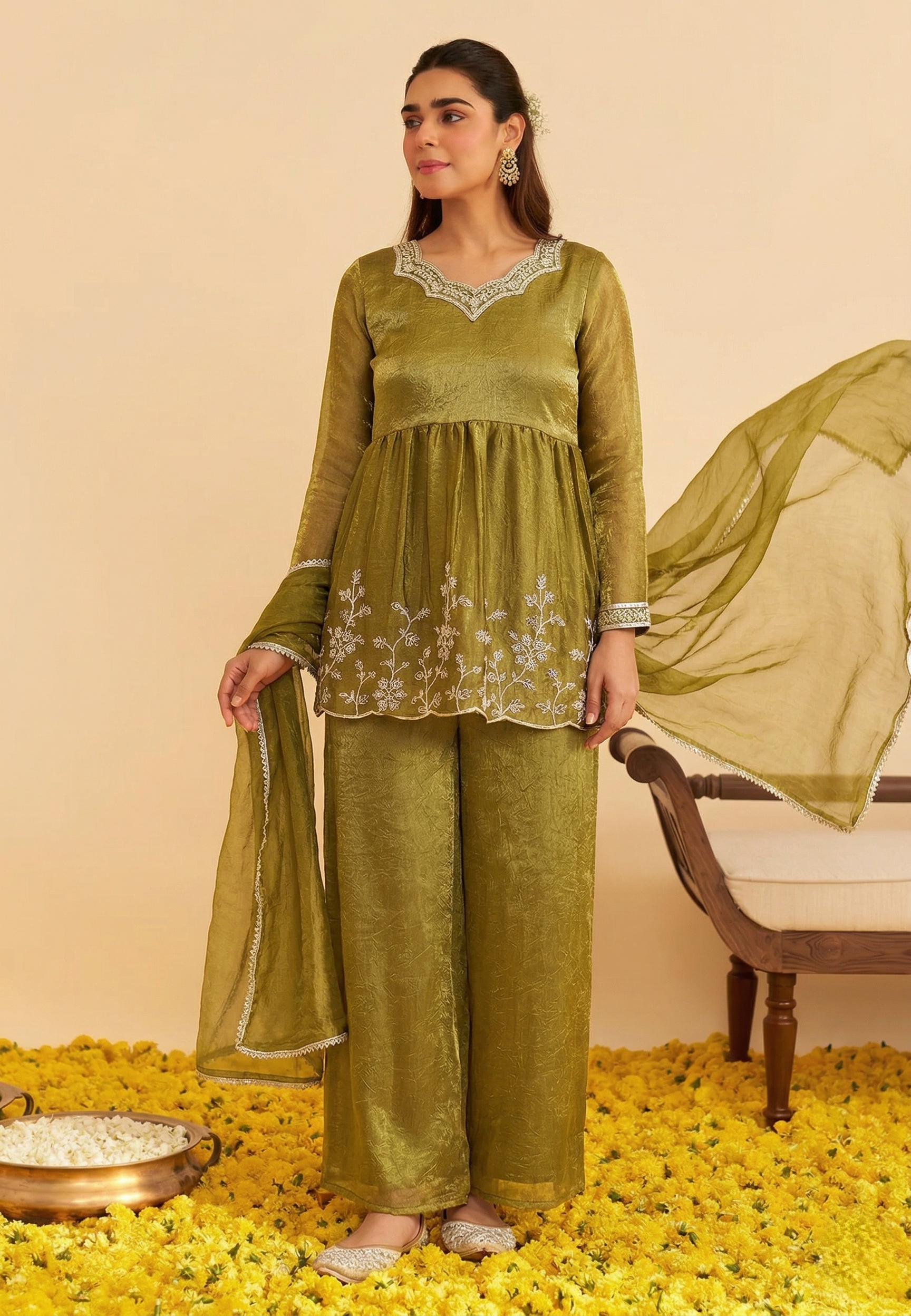 Green Silk Embroidered Peplum Sharara Set With Dupatta for Women
