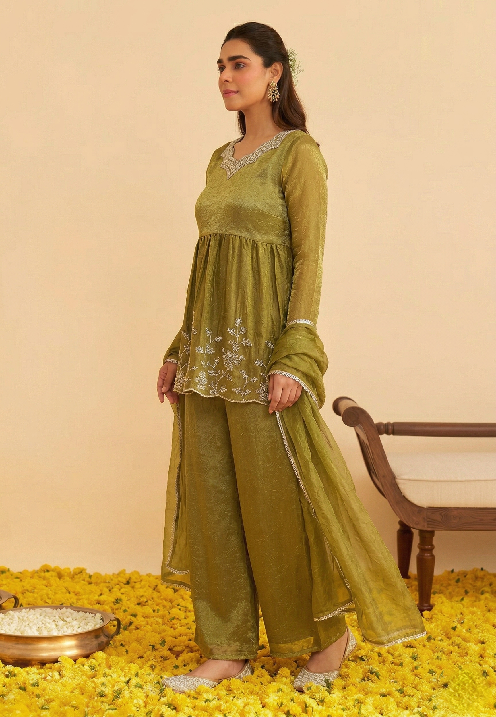 Green Silk Embroidered Peplum Sharara Set With Dupatta for Women