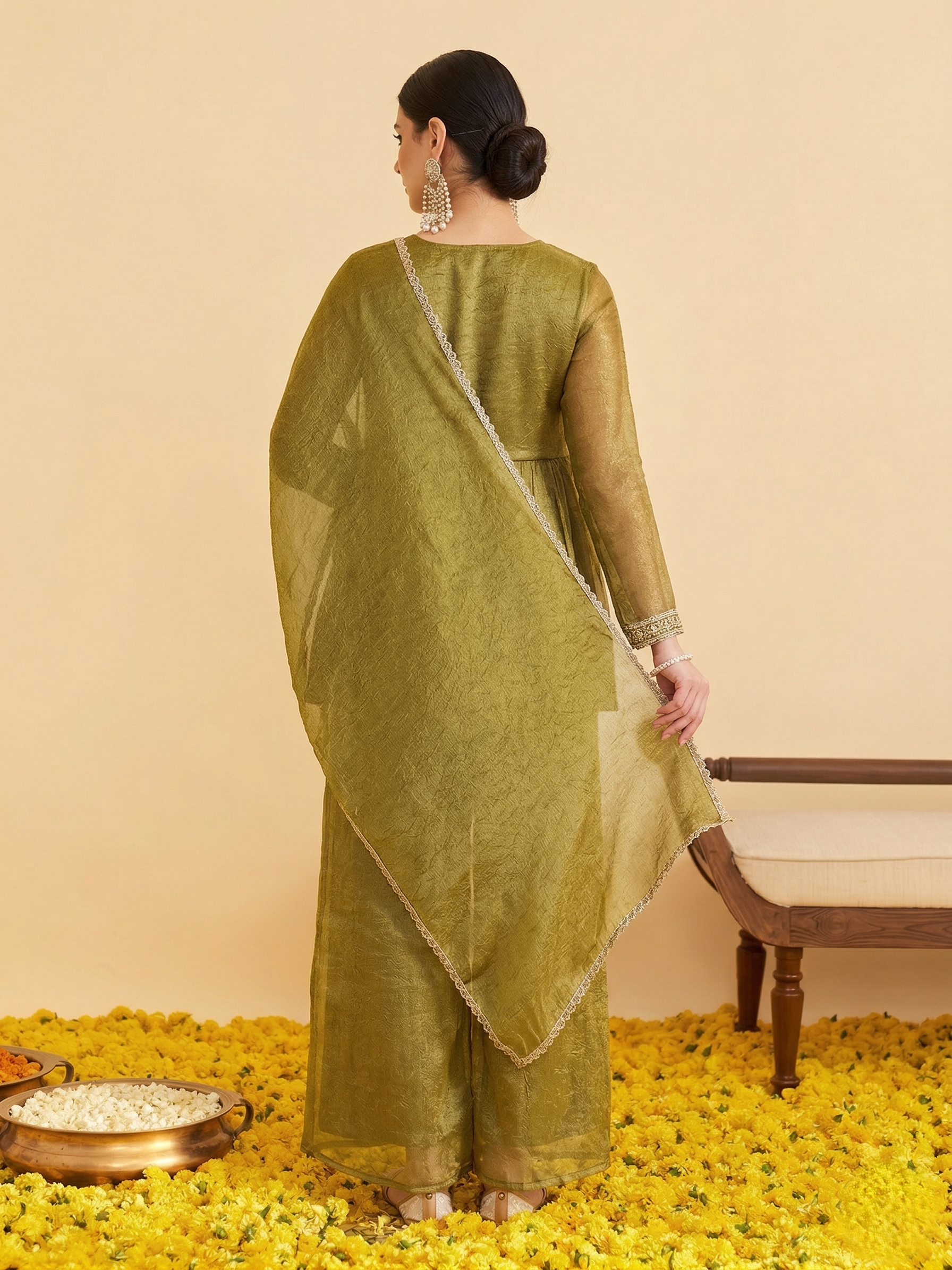 Green Silk Embroidered Peplum Sharara Set With Dupatta for Women