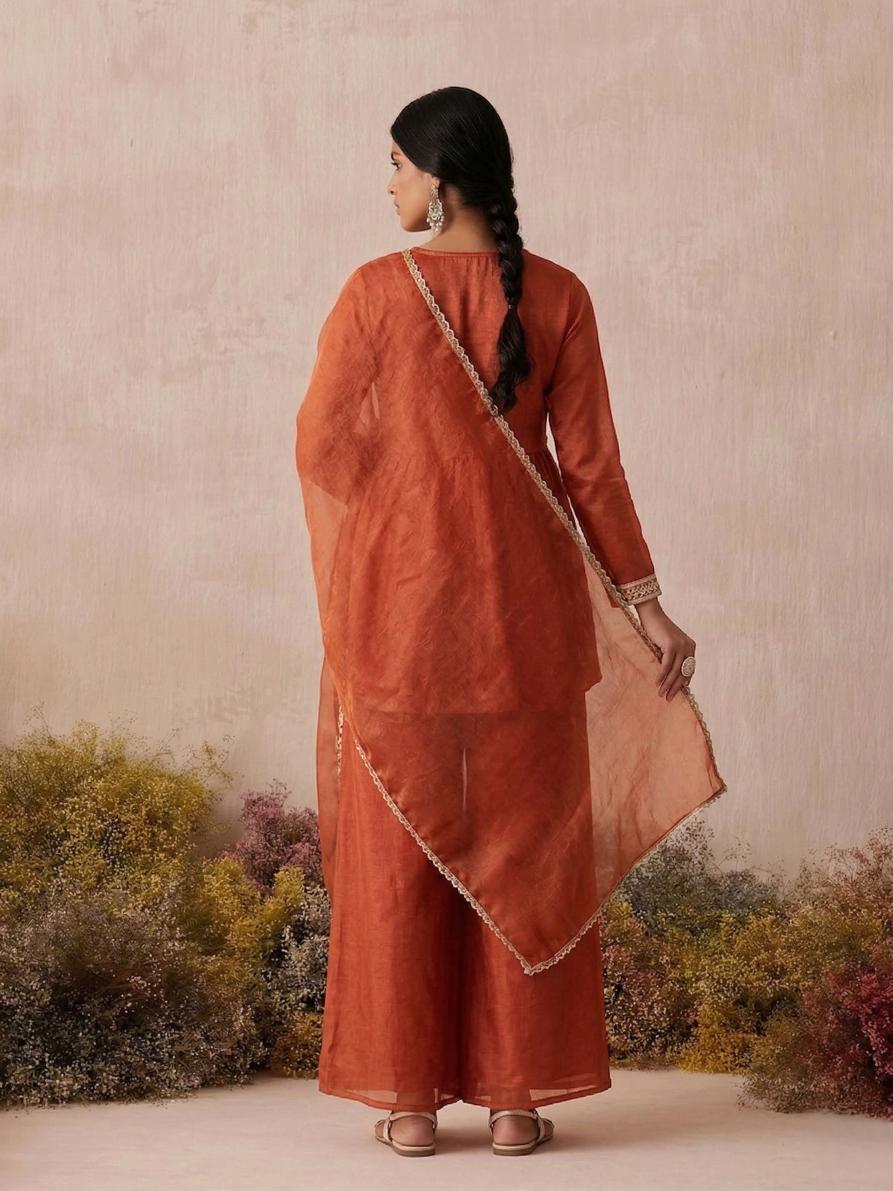 Rust Silk Peplum Sharara Set with Embroidery & Dupatta