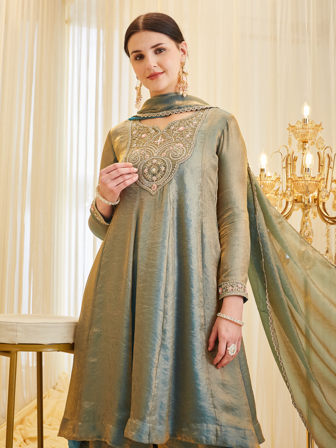 Blue Silk Embroidered Flared Kurta Palazzo Suit With Dupatta For women