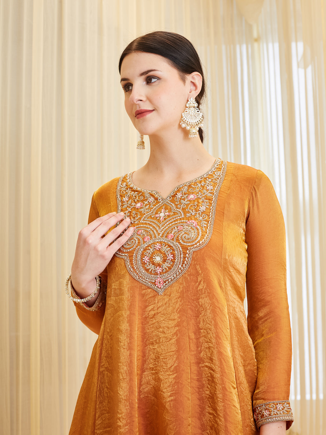 Orange Silk Embroidered Ethnic Kurta Set with Dupatta For women