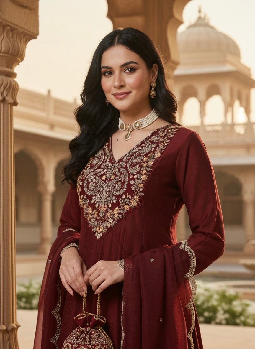 Maroon Embroidered Chinon Anarkali Kurta With Dupatta Set