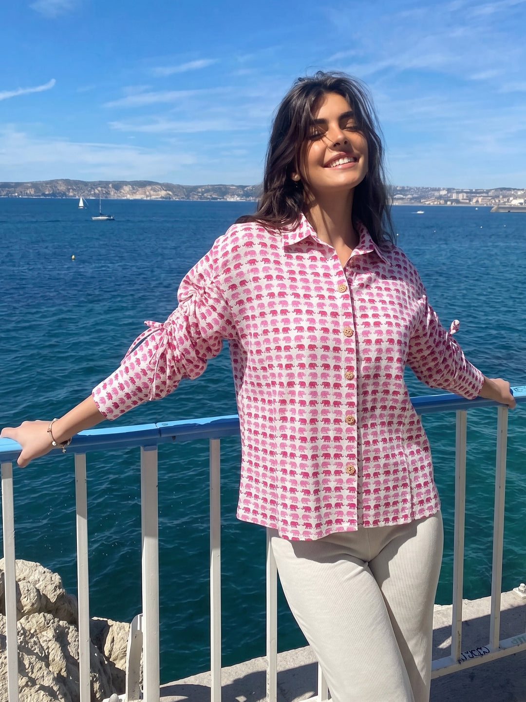 Pink Printed Button-Down Shirt with Gathered Sleeves