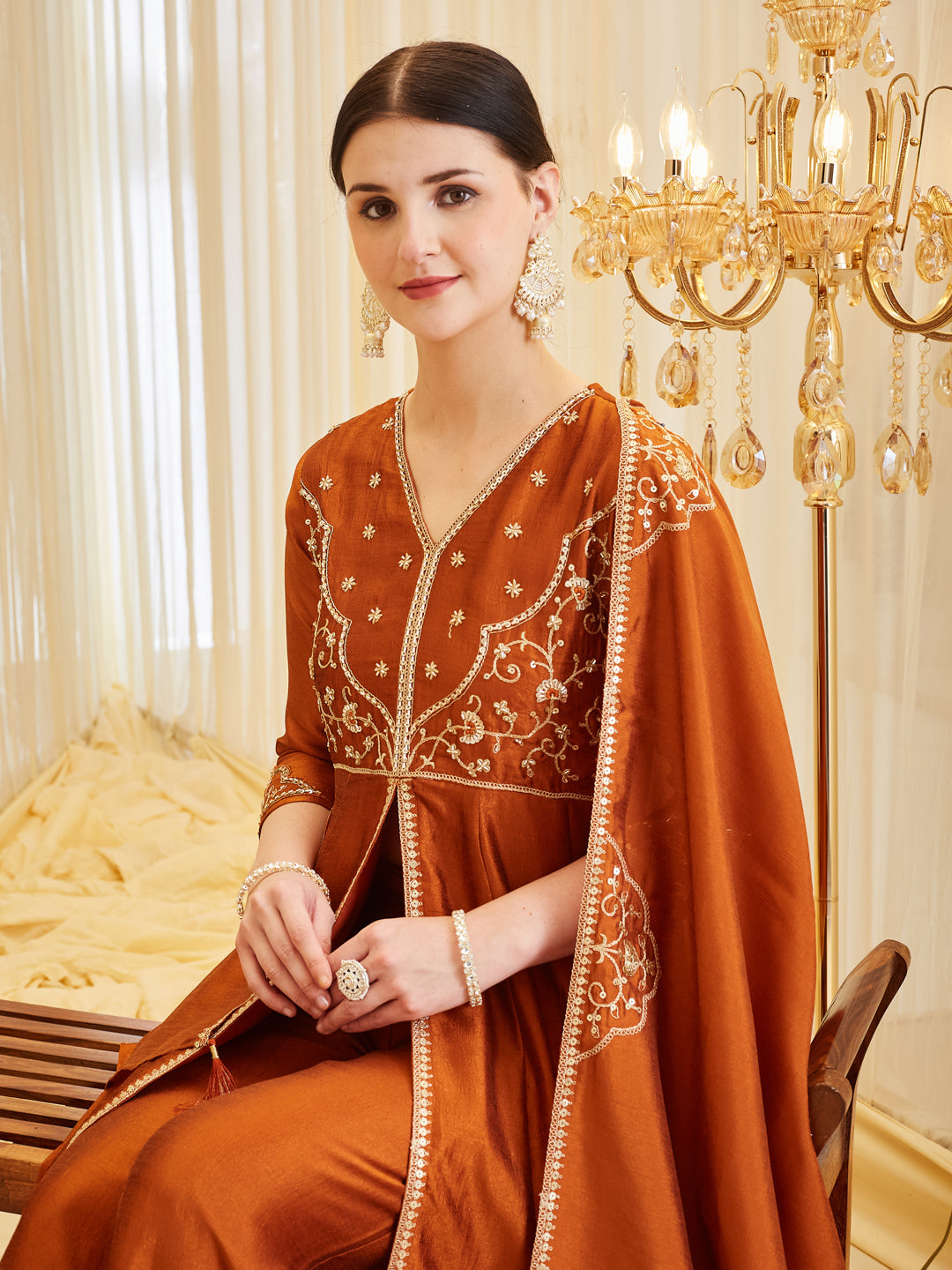 Women’s Rust Embroidered Silk Anarkali Suit with Dupatta