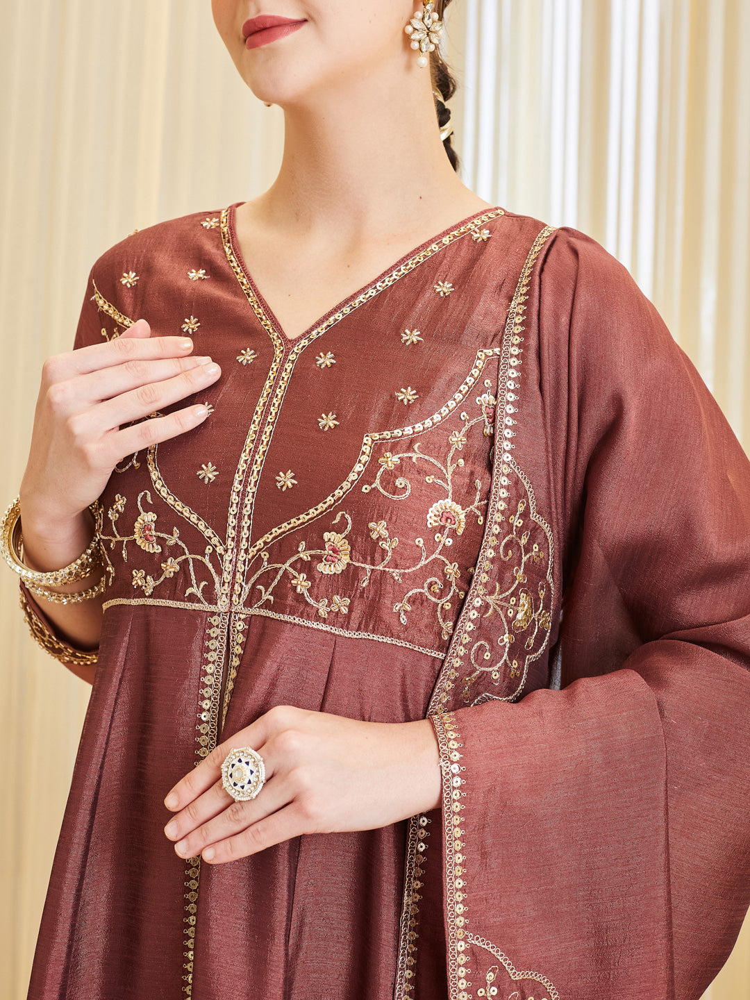 Berry Embroidered Silk Anarkali Dress Set with Dupatta For Women