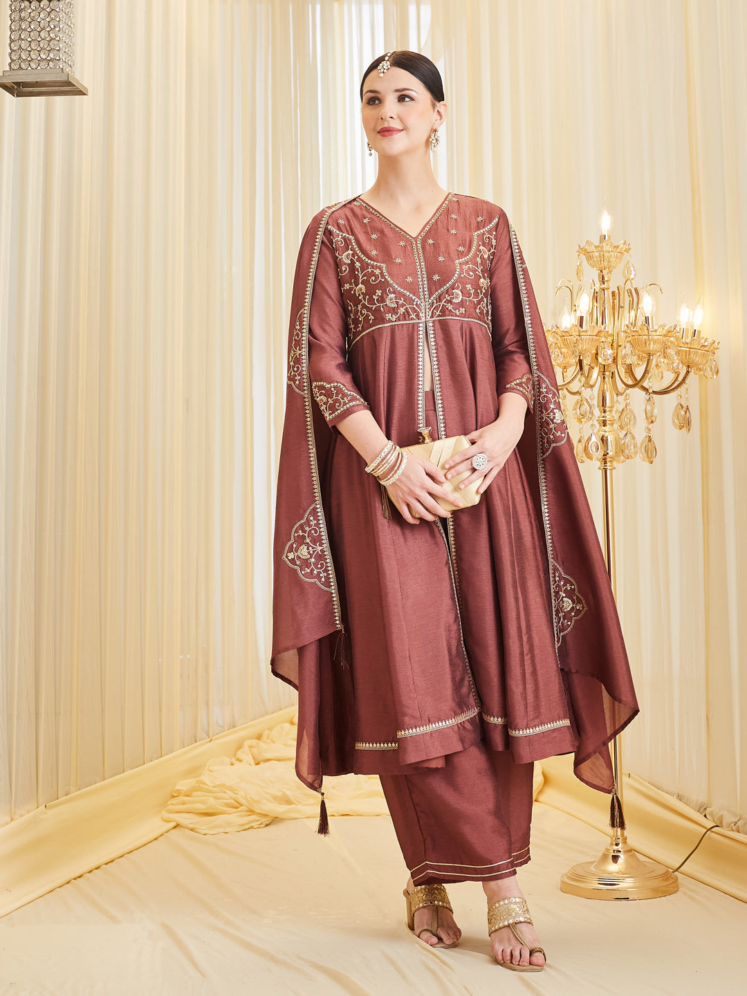 Berry Embroidered Silk Anarkali Dress Set with Dupatta For Women