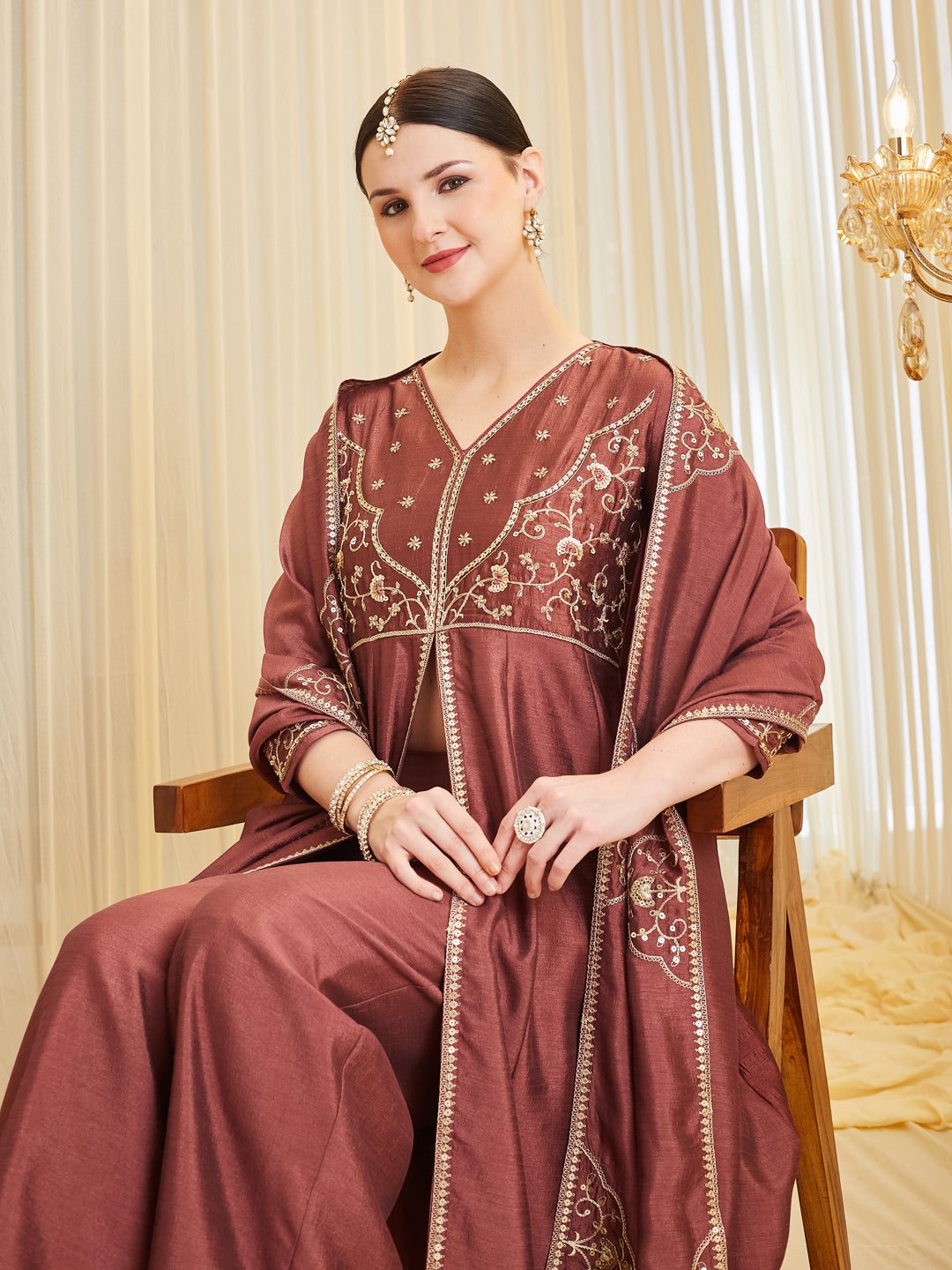 Berry Embroidered Silk Anarkali Dress Set with Dupatta For Women