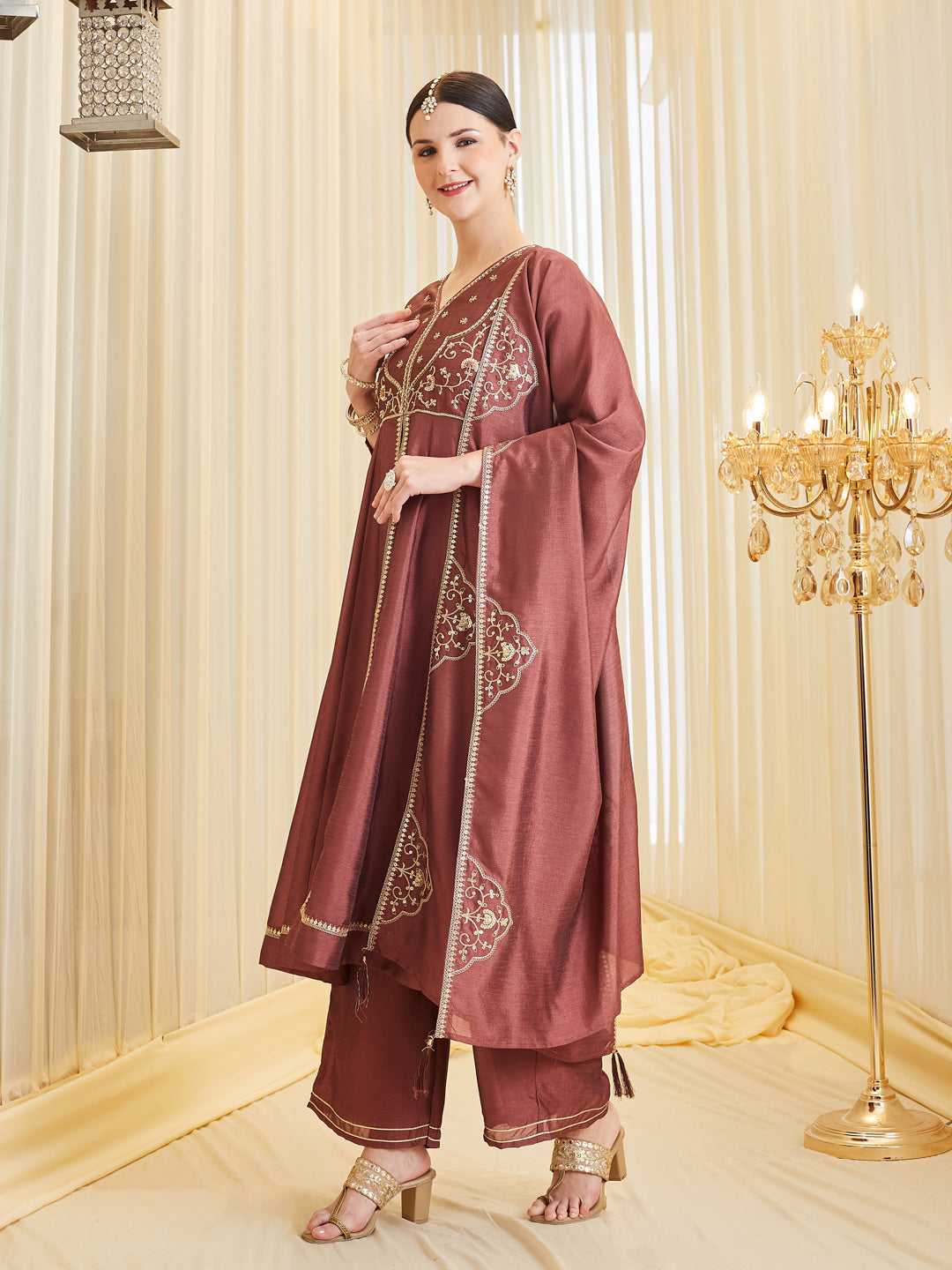 Berry Embroidered Silk Anarkali Dress Set with Dupatta For Women