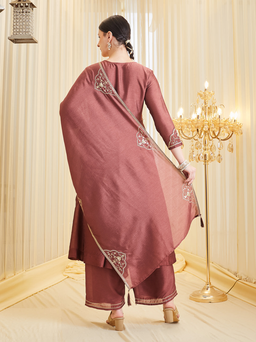 Berry Embroidered Silk Anarkali Dress Set with Dupatta For Women