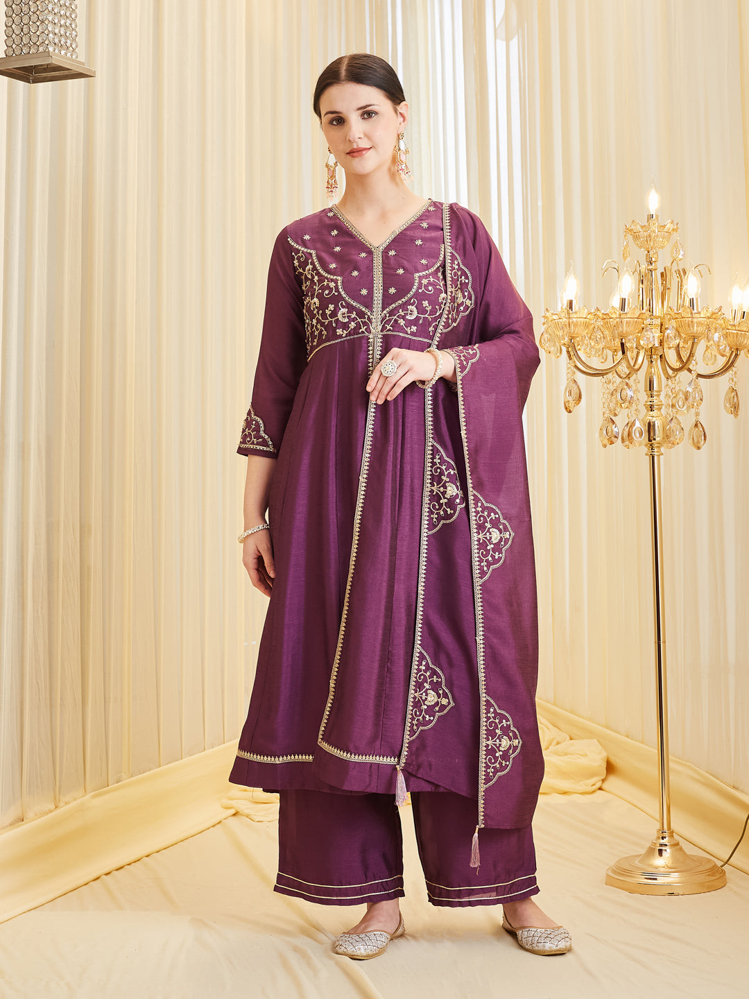 Purple Anarkali Style Embroidered Silk Suit Set With Dupatta for Women