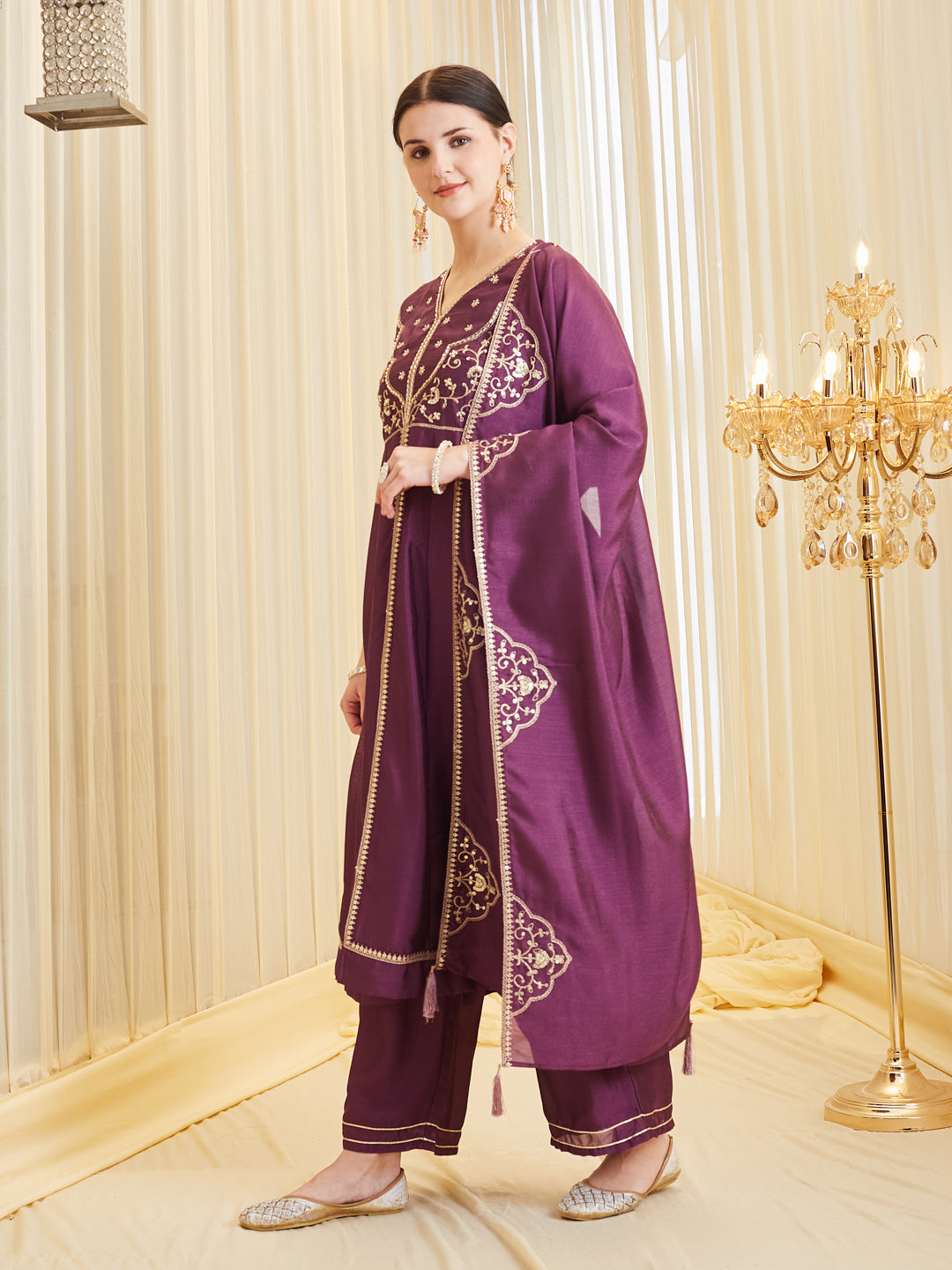 Purple Anarkali Style Embroidered Silk Suit Set With Dupatta for Women