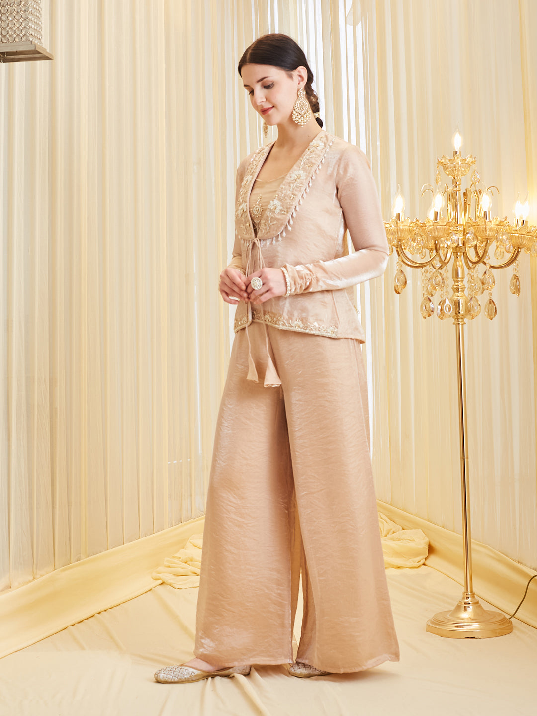 Cream Silk Embroidered Solid Indo Western Sharara Set For Women