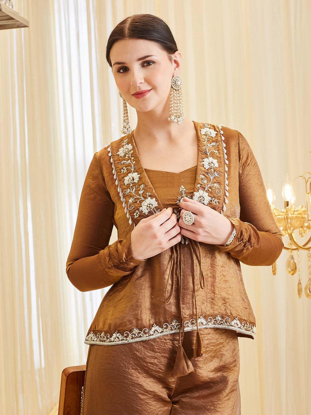 Brown Silk Zari Embroidered Floral Jacket Co-ords Set For Women