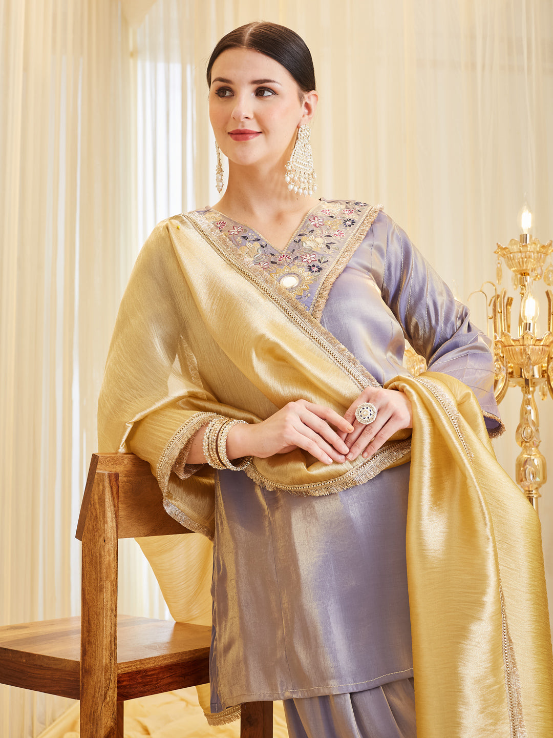 Lavender Silk Embroidered Straight Kurta Palazzo Set with Dupatta For Women