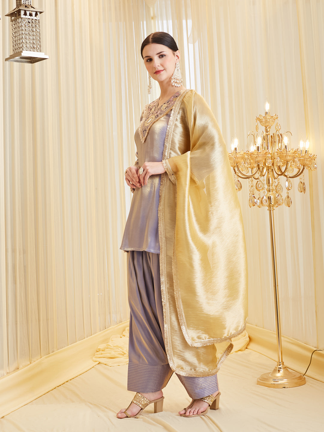 Lavender Silk Embroidered Straight Kurta Palazzo Set with Dupatta For Women
