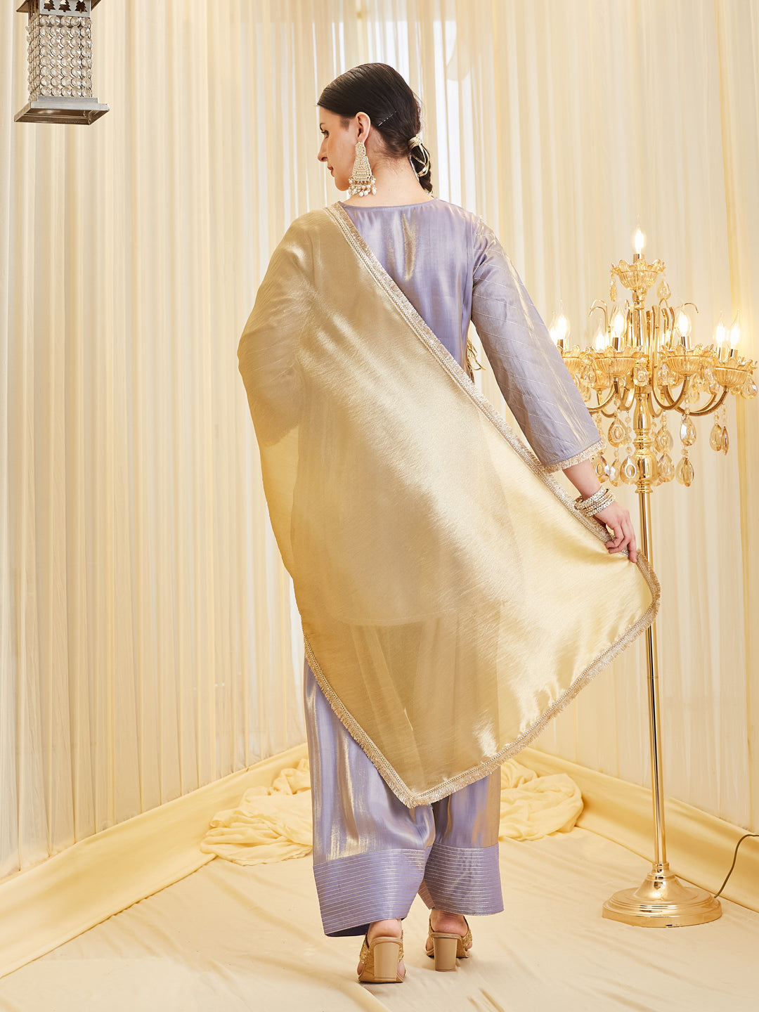 Lavender Silk Embroidered Straight Kurta Palazzo Set with Dupatta For Women