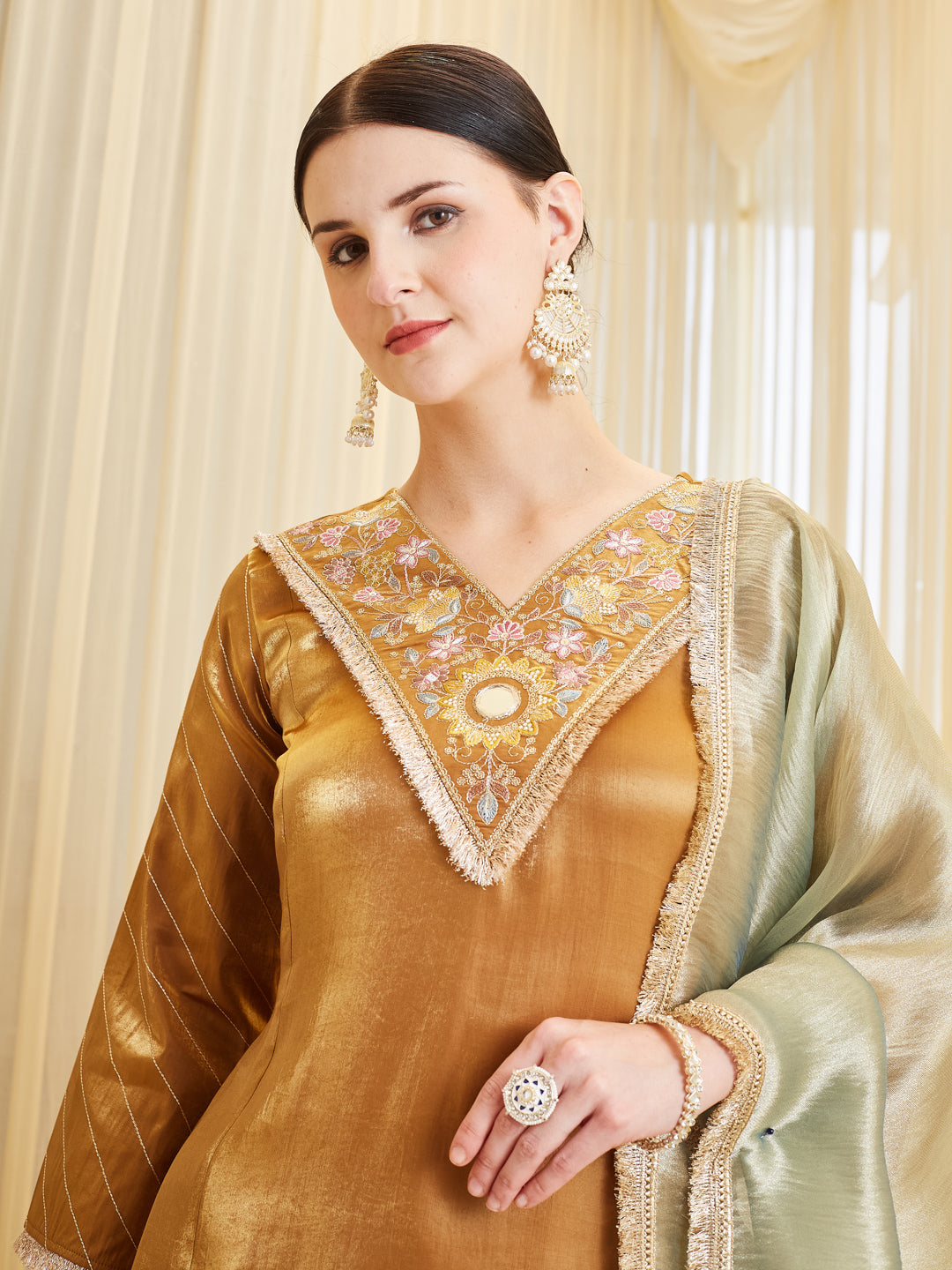 Mustard Silk Embroidered Kurta & Palazzo with Dupatta Set For Women