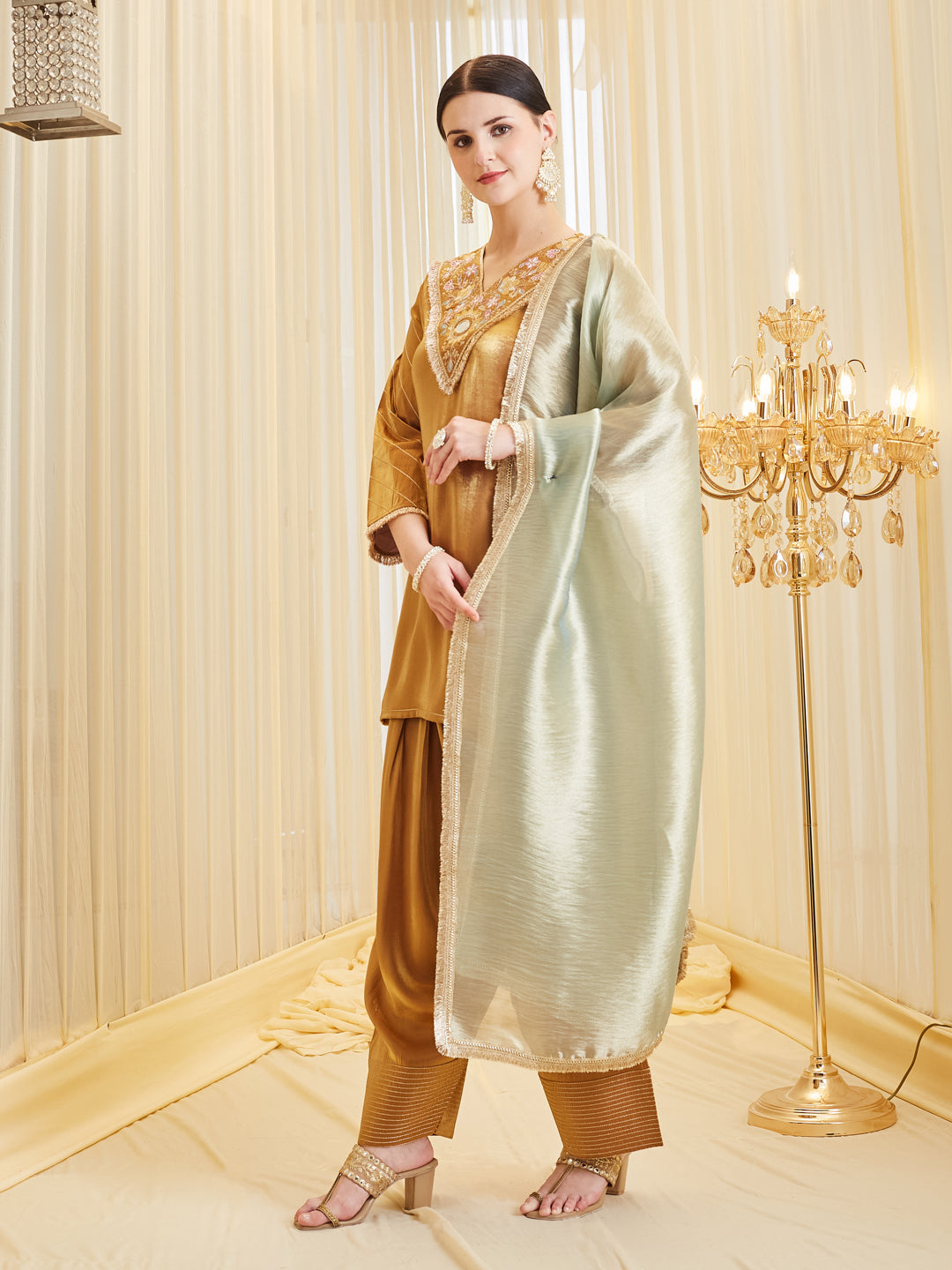 Mustard Silk Embroidered Kurta & Palazzo with Dupatta Set For Women