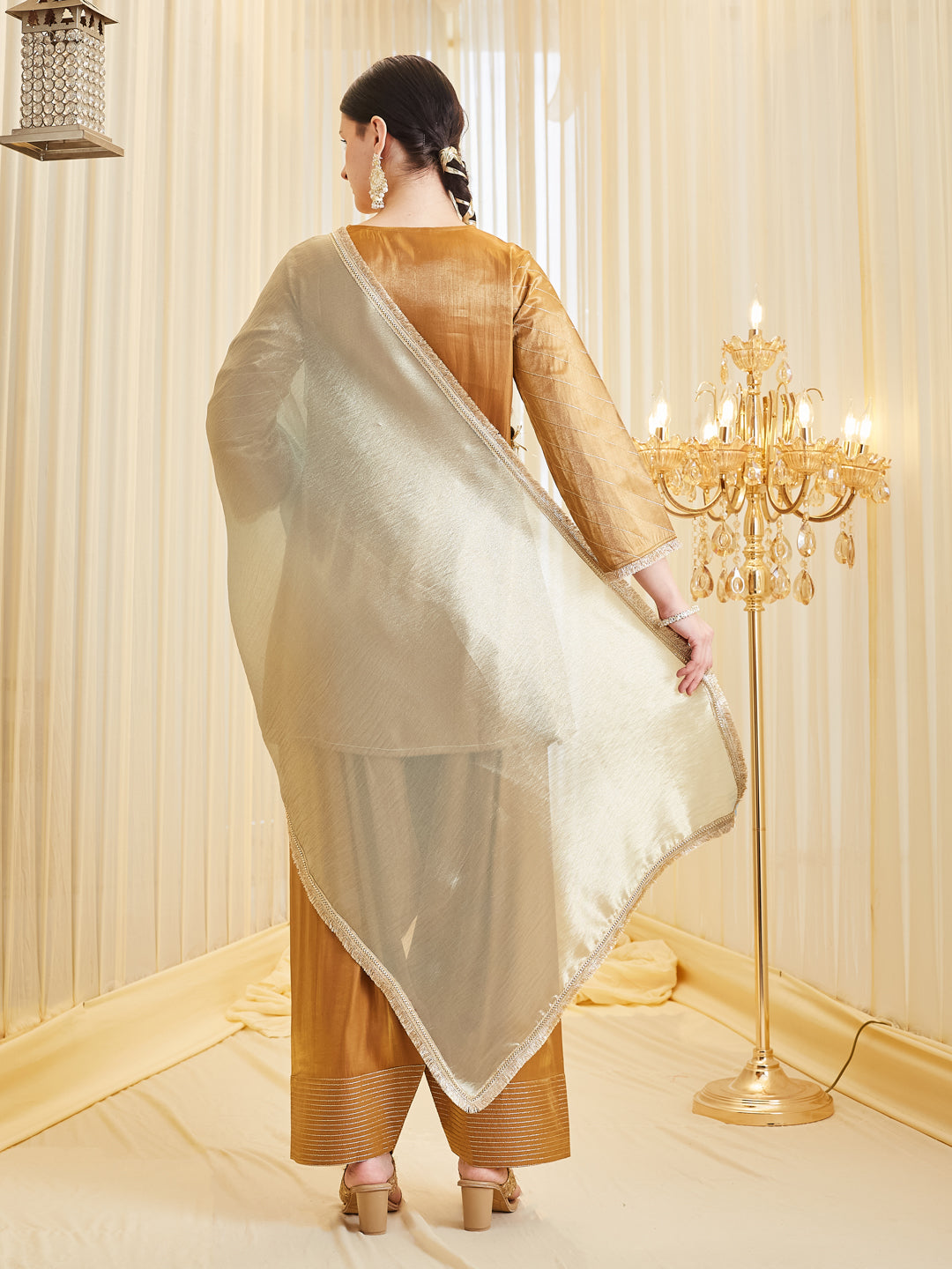 Mustard Silk Embroidered Kurta & Palazzo with Dupatta Set For Women