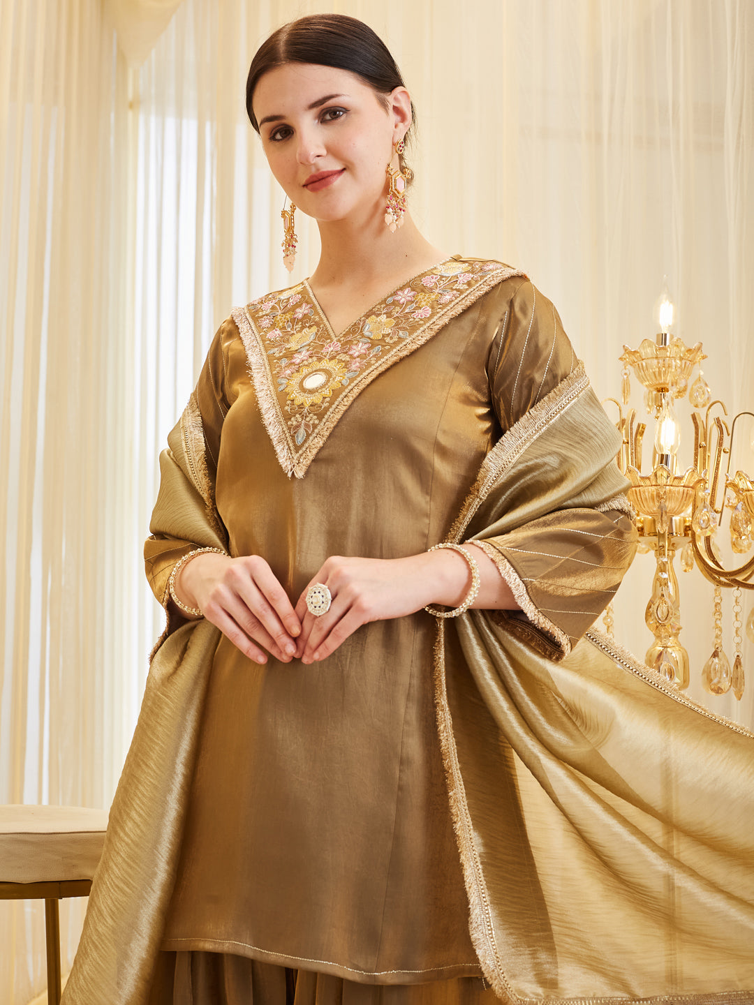 Brown Silk Embroidered Festive Kurta Palazzo Suit With Dupatta Set for women