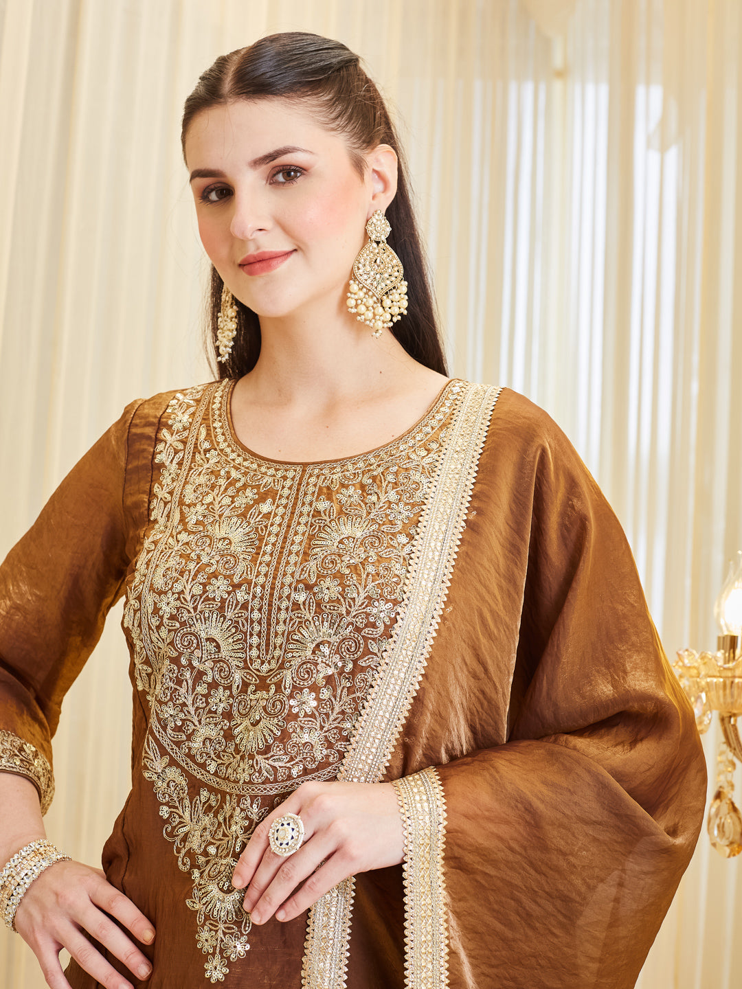 Women's Brown Embroidered Silk Handwork Sharara Set with Dupatta