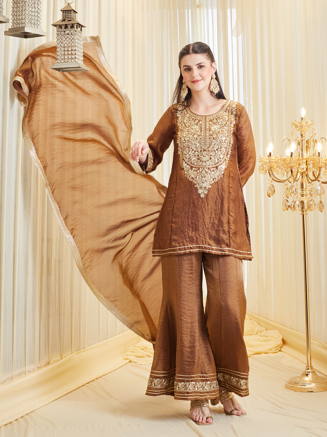Women's Brown Embroidered Silk Handwork Sharara Set with Dupatta
