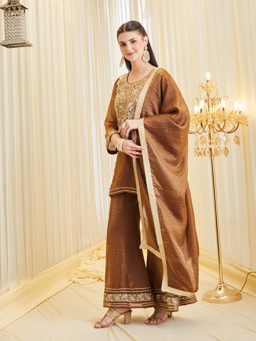 Women's Brown Embroidered Silk Handwork Sharara Set with Dupatta