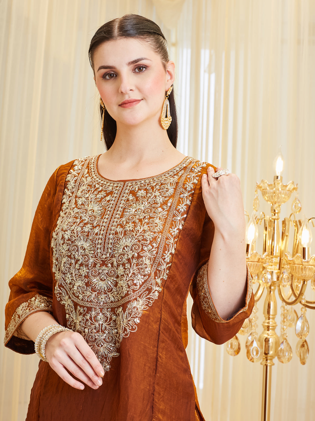 Women's Embroidered Premium Rust Silk Handwork Sharara Set with Dupatta
